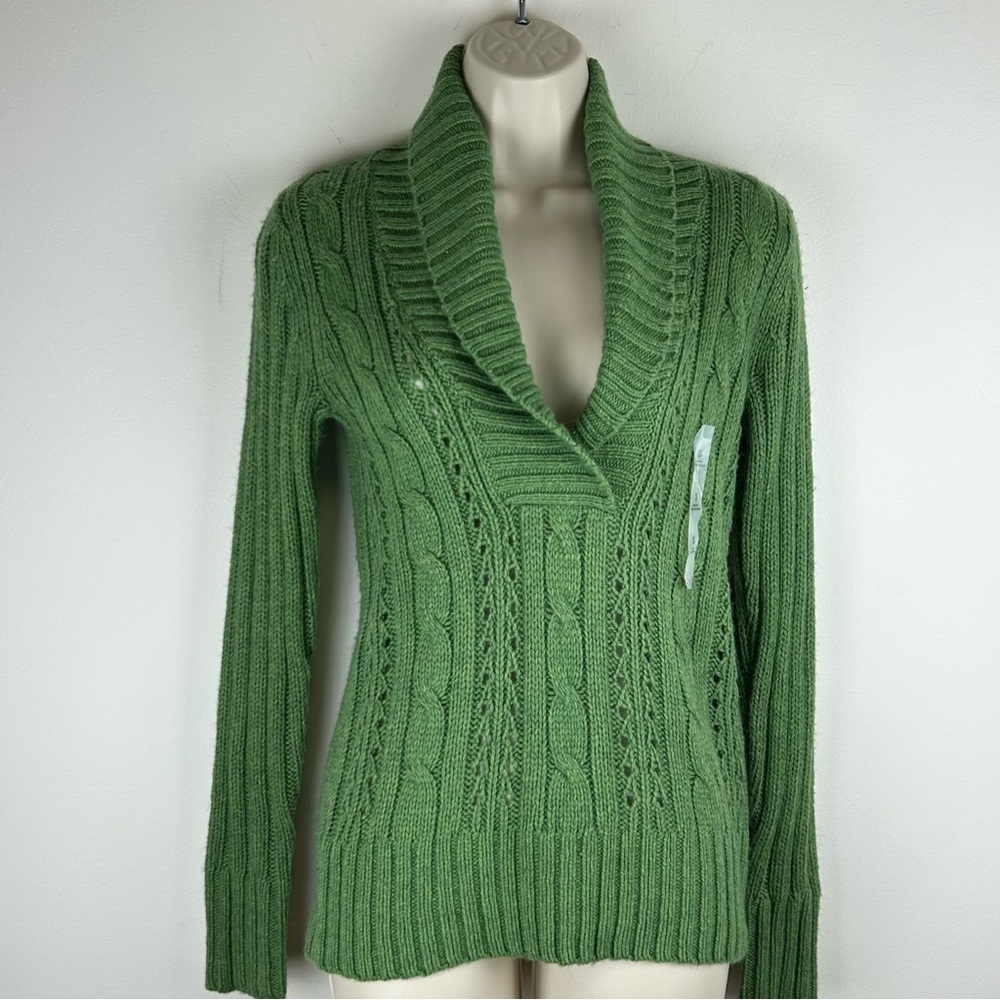 Y2K Old Navy Green Cable Knit Shawl Collar Sweater Angora Blend sz S NWT Preppy